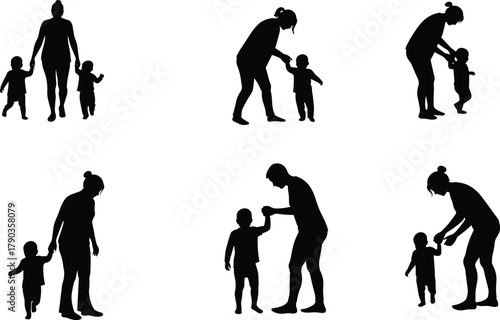 Parent teaching toddler to walk, family bonding, baby first steps, learning moment, parenting support, love care, silhouette family illustration