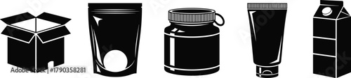 Packaging icons, cardboard box, stand-up pouch, squeeze tube, jar container, milk carton, product packaging, silhouette style, black and white, consumer goods