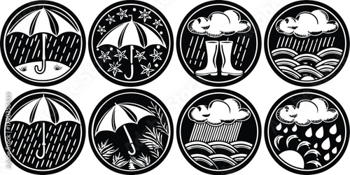 Collection of rainy season ornaments icons in circular elegant black and white