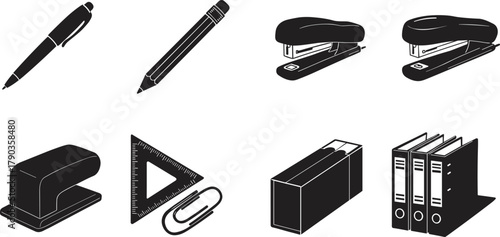 Office supplies icon set, pen, pencil, stapler, paper clip, ruler, file folder, stationery illustration, business equipment vector