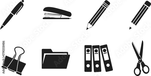 Office supplies silhouette set, black stationery icons collection, pen pencil stapler scissors folder binder clip vector illustration