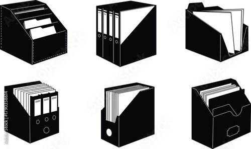 Office document organizer box vector illustration, black silhouette file holder design, paper storage binder container set, stationery desk accessory icon