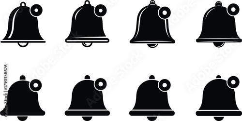 Notification bell icons set, alert, reminder, message, sound, ringing, attention, alarm symbol, interface, communication and web design vector