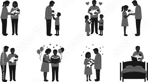 Newborn baby with parents, family love, caring moments, bonding, parenting, happiness, parenthood, nurturing relationship, newborn care, modern family illustration