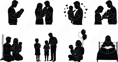 Newborn baby with family, parent love, caring moments, nurturing relationship, modern parenting, happy family bonding, father mother baby illustration