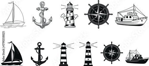 Nautical illustrations, anchor sketch, lighthouse drawing, ship wheel, compass rose, fishing boat, sailboat art, maritime icons, black and white, sea travel