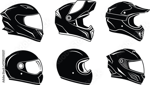 Motorcycle helmet collection, black and white biker helmet illustration, protective headgear vector set, motorbike safety design, racing equipment graphic art