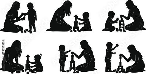 Mother playing with child building blocks silhouette, family bonding, early learning, parenting love, child development, creative play, home education, care