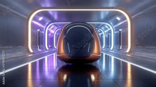 Fototapeta Naklejka Na Ścianę i Meble -  Futuristic maglev train traveling through neon tunnel