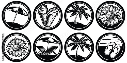 Collection of summer icons in cirle elegant black and white featuring ice cream, beach, trees, and other