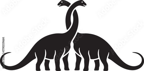 Stylized black silhouette of two long-necked dinosaurs, like brachiosaurus, with elegantly intertwined necks on a clean white background.