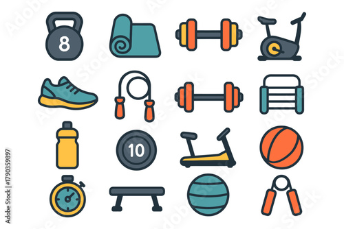 Fitness equipment icons: weights, machines, yoga mat, basketball, stopwatch.