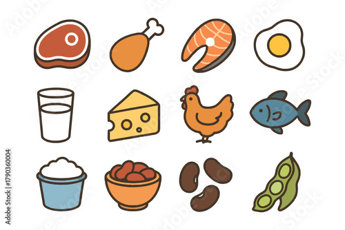 Cartoon food icons: meat, dairy, and plant-based proteins.