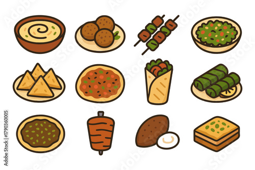 Assorted middle eastern cuisine dishes in cartoon style.