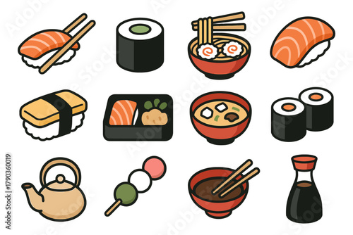 Japanese cuisine icons: sushi, ramen, miso soup, teapot, soy sauce, dango.