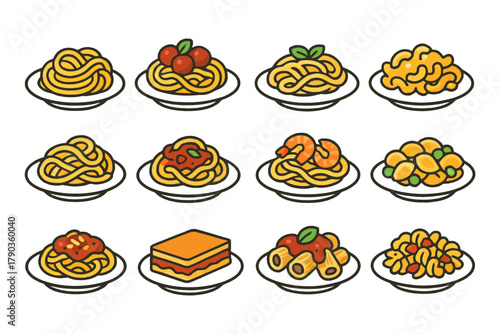 Variety of pasta dishes: spaghetti, lasagna, penne, macaroni, shrimp, tomato, cheese.