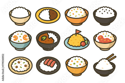 Various rice dishes: sushi, fried rice, curry, chopsticks - colorful food icons collection.