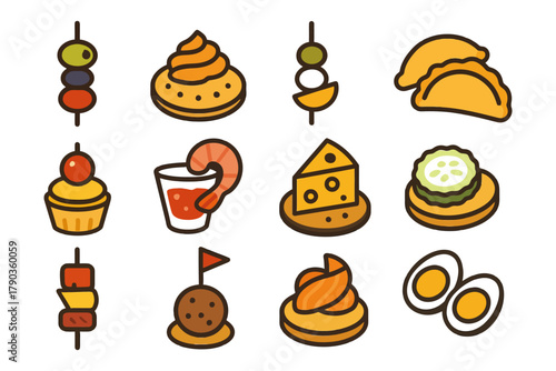 Assorted appetizers icons: cheese, shrimp, eggs, skewers, savory snacks collection.