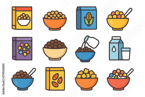 Assorted cereal icon set with bowls and boxes in vibrant colors.