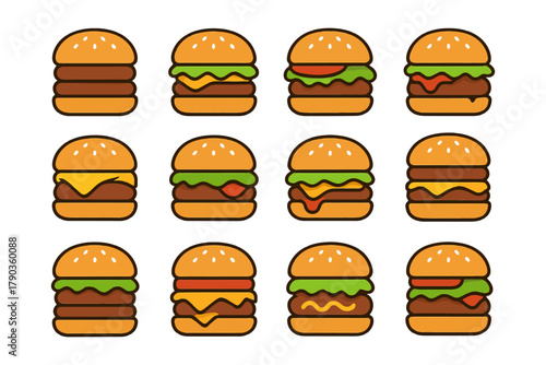 Assorted cartoon hamburgers with varied toppings and sauces.