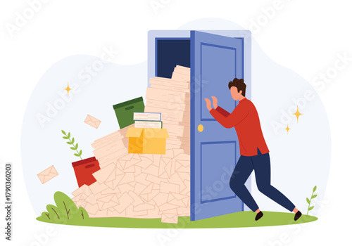 Man struggling to close a door overflowing with paperwork, letters, and folders, representing information overload, bureaucracy, or office stress, isolated on white background vector illustration