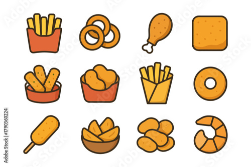 Assorted fried snacks icons: french fries, onion rings, chicken drumstick, cheese sticks.