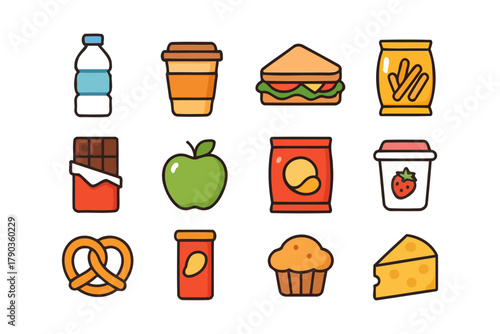 Colorful assorted snack icons featuring drinks, sandwich, snacks, and fruits.
