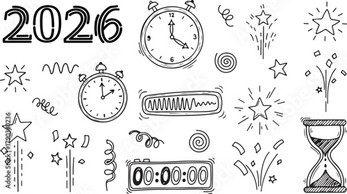 Anticipating the Arrival of 2026 A Doodle Style Celebration Featuring Clocks Stars and Festive Elements Showcasing the Passage of Time and the Excitement of the New Year