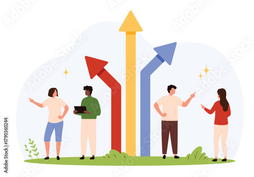 Group of diverse people standing near large colorful arrows symbolizing choice, direction, teamwork, and decision making in life or business isolated vector illustration