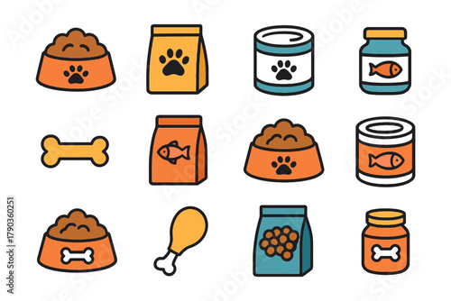 Colorful pet food icons with bowls, cans, and bone illustrations.