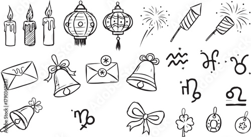 Black and White Doodle Style Illustration Featuring Holiday and Celebration Elements Such as Candles Lanterns Fireworks and Zodiac Signs on White Background