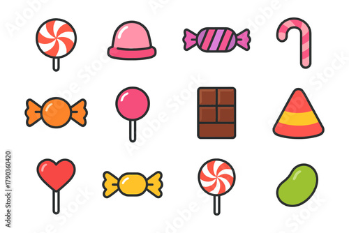 Colorful array of various candy types including lollipops and chocolate bars.