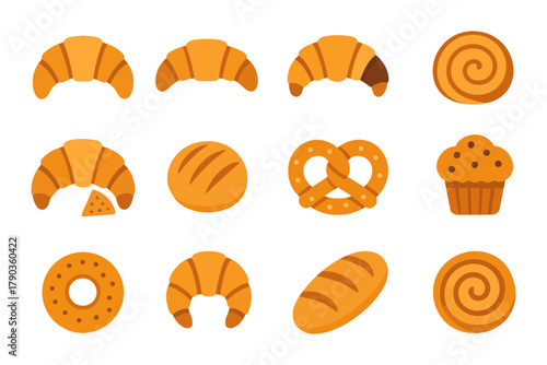 Assorted baked goods icon set featuring croissants, pretzel, donut, and muffin.