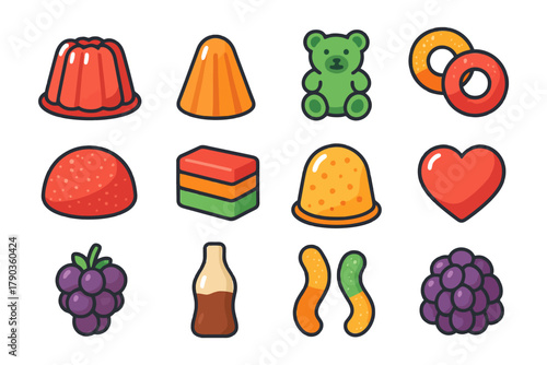 Colorful assorted gummies and candies collection with bears and fruits.