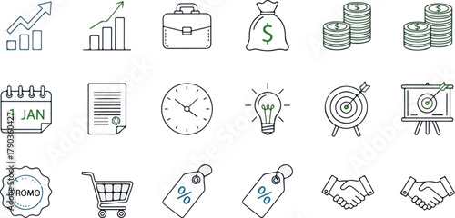 Business and Finance Icon Set Representing Growth Savings and Opportunities for Investment and Strategic Partnerships with a Clean and Modern Design