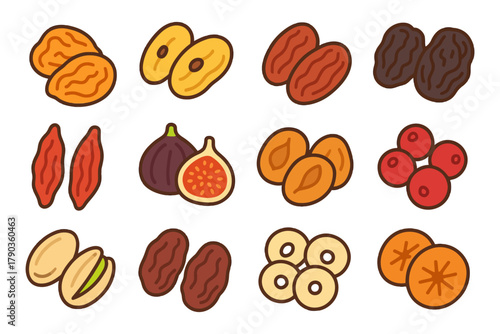 Various dried fruits: walnuts, dates, apricots, figs, goji berries, cranberries, pistachios.