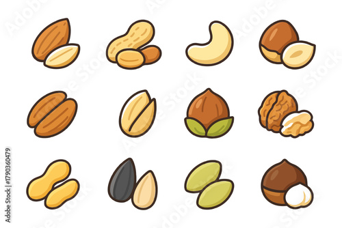 Colorful assortment of various nuts on white background.