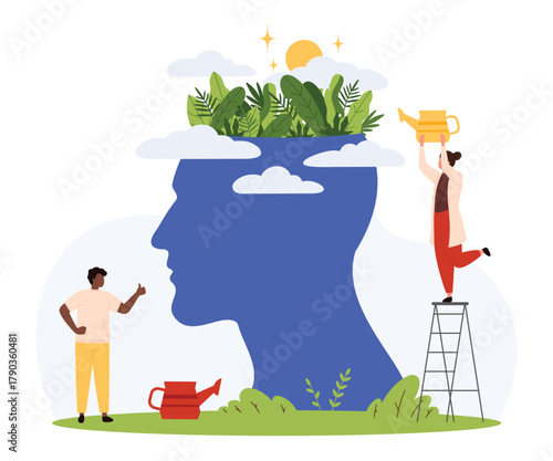Human head silhouette filled with green plants, people nurturing growth, sun and clouds symbolizing mental health, self improvement, personal development, isolated vector illustration