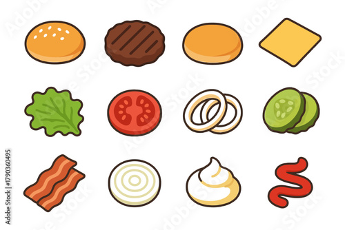 Colorful burger ingredients icons: bun, patty, cheese, vegetables, condiments.