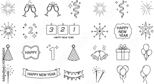 Collection of festive New Year doodle style vector icons perfect for holiday decorations and greeting cards featuring fireworks party hats and celebratory elements in a minimal line art style