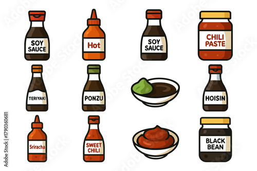 Assorted asian sauces and condiments collection with soy sauce, sriracha, hoisin, teriyaki, ponzu, and more.
