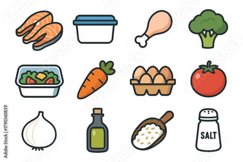 Cartoon food icons: salmon, chicken, vegetables, and pantry items.