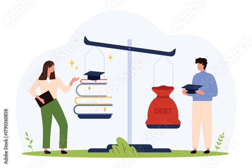 Young people compare education costs and student loan debt using a balance scale, highlighting financial burden and academic investment in modern society isolated vector illustration