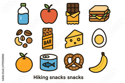 Assorted hiking snacks collection: fruits, bars, nuts, and more.