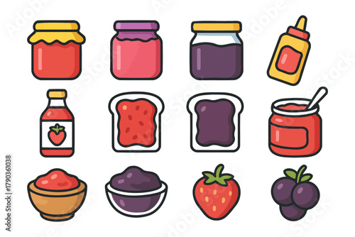 Cartoon jams and spreads collection with bread and fruit icons.
