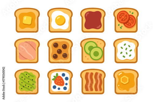 Twelve toast variations with different toppings.