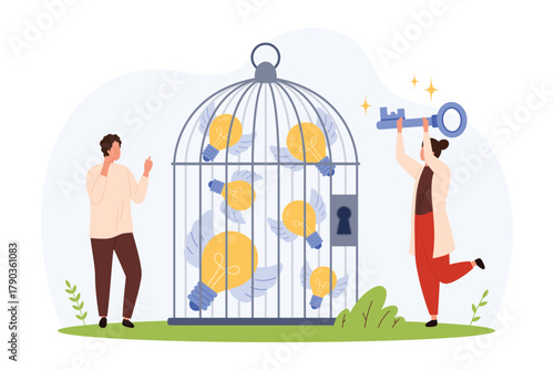 People unlocking a cage of flying light bulbs symbolizing creative ideas, innovation, and teamwork, using a giant key in a modern flat style isolated vector illustration