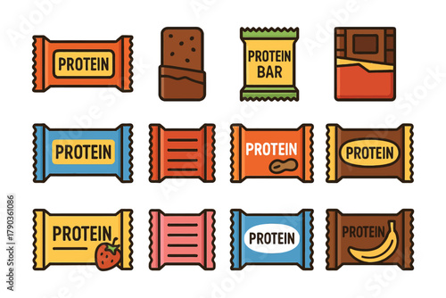 Colorful assortment of protein bars with various flavors and packaging designs.