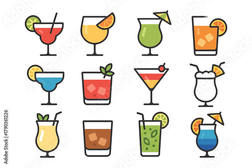 Colorful assortment of cocktails with garnishes and straws.