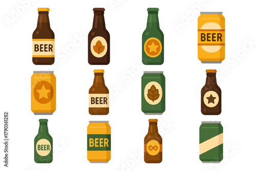 Assorted cartoon beer bottles and cans with various labels.